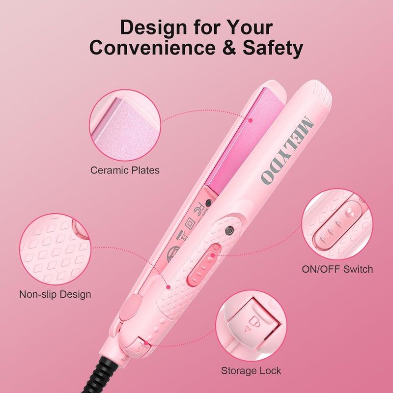 MELYDO Mini Portable Flat Iron, 0.7 Inch Dual Voltage Travel Hair Straightener - Small Flat Irons Hair Straightener for Short Hair, Curls Bangs, Worldwide-Use Travel Flat Iron, Pink - Image 5